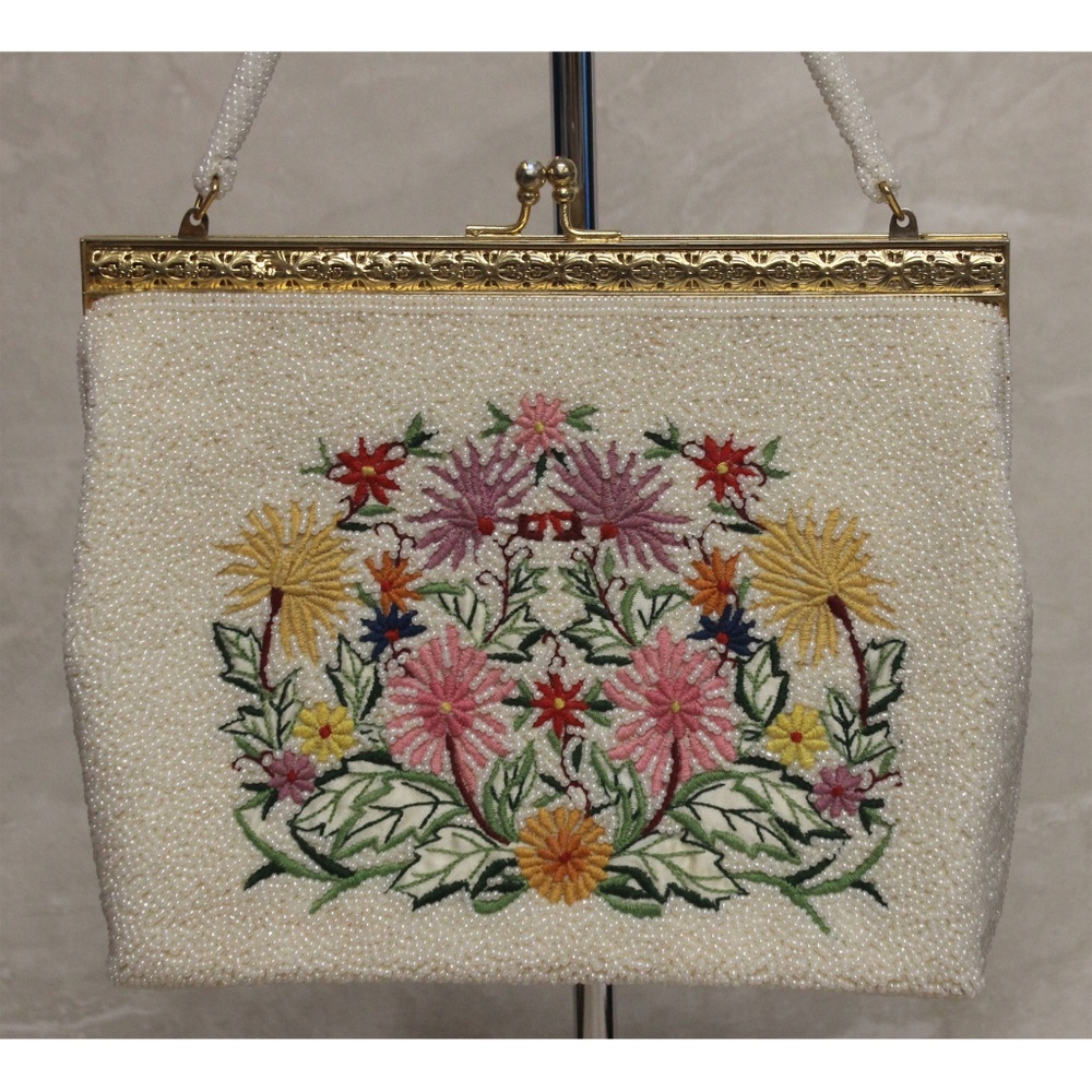 Vintage Beaded Embroidered White Crystal Handbag